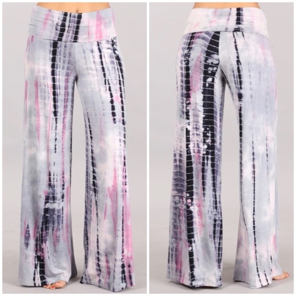 Pants - Silver & Pink Tie Dye High Waist Bohemian Wide Leg Palazzo Lounge Casual Pants